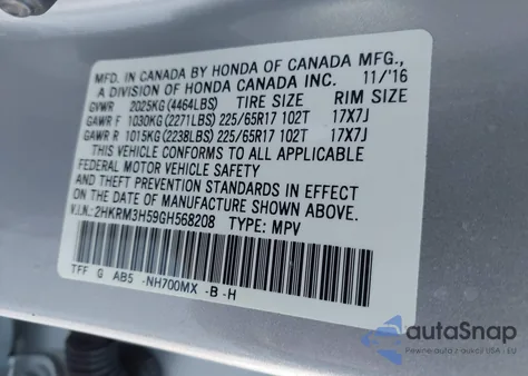 2016 Honda Cr-V Ex from USA, damaged, VIN 2HKRM3H59GH568208